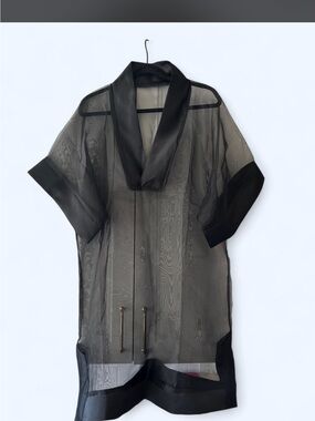 Women’s Black Sheer Oversized Kimono-Style Shirt Dress with Satin Trim